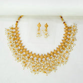 Exquisite Gold Plated Pearl Hanging Choker Necklace Set featuring gold accents and dangle pearls, perfect for formal occasions.