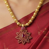 Fascinating Gold Plated Ruby Floral Pendant Beads Necklace - K Supreme