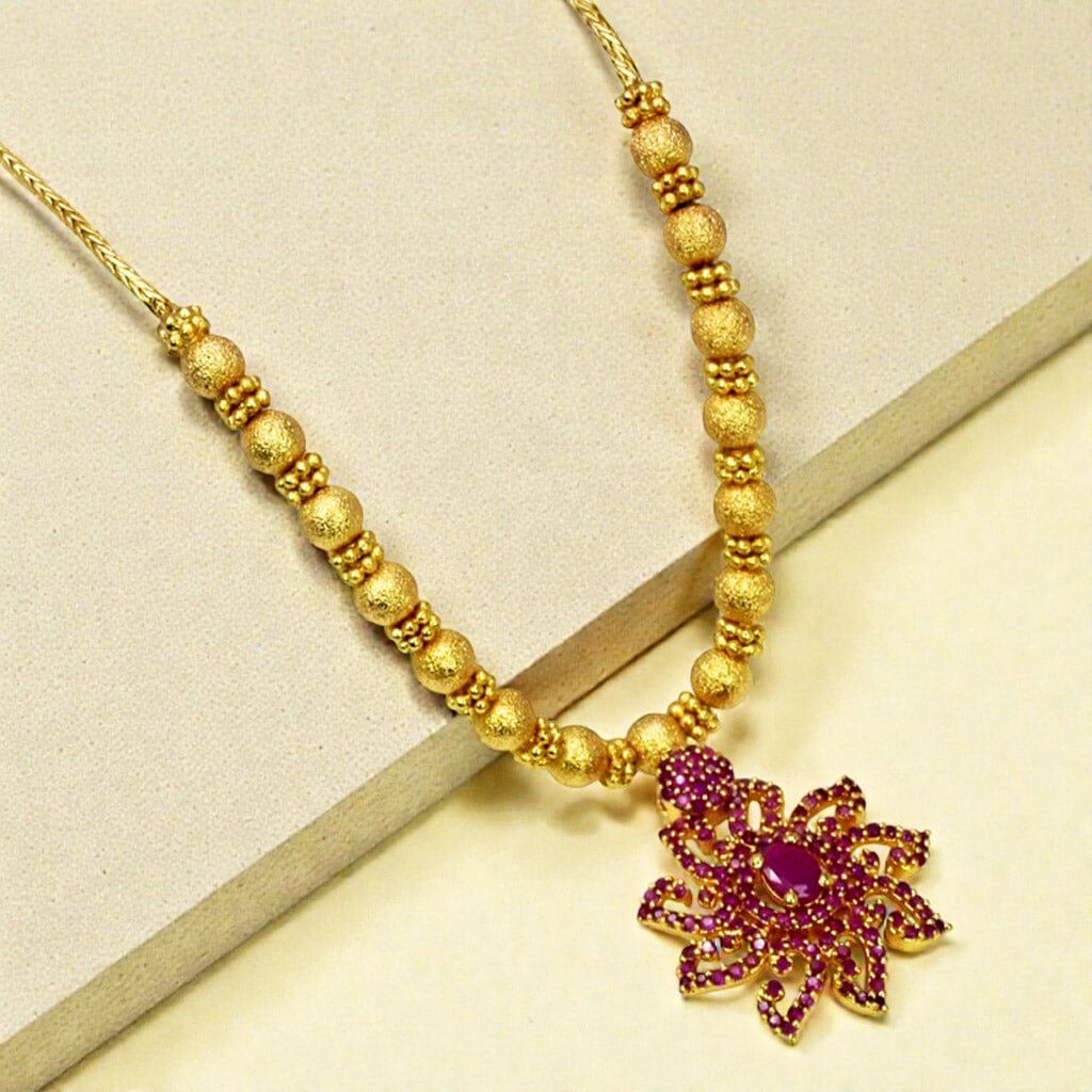 Fascinating Gold Plated Ruby Floral Pendant Beads Necklace - K Supreme