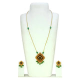Fashion Invisible Chain Antique Green Stone Pendant Set displayed with matching earrings on a jewelry stand.