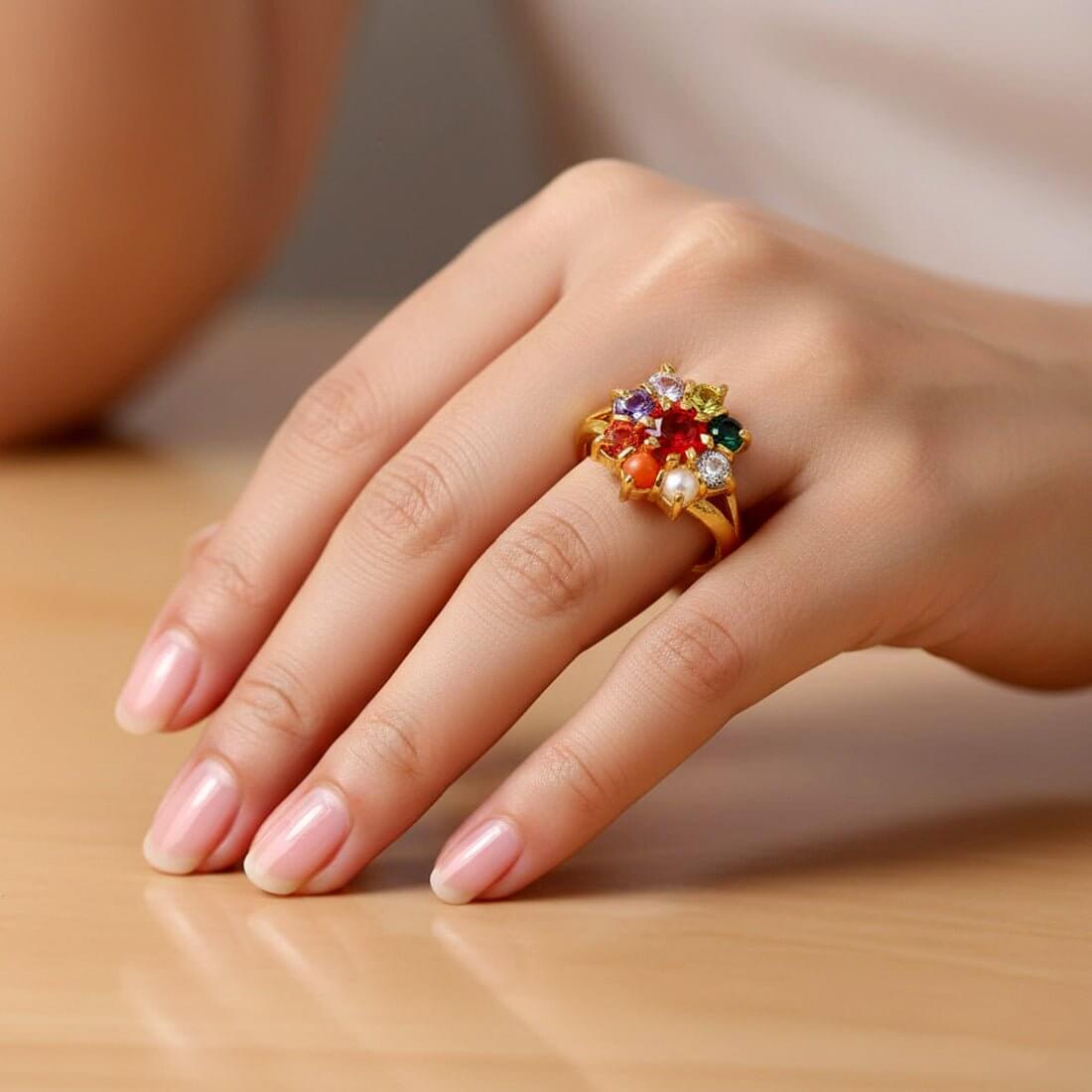 Floral Gold Plated Navratna Ladies Finger Ring - K Supreme