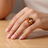 Floral Gold Plated Navratna Ladies Finger Ring - K Supreme