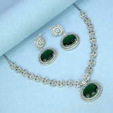 Glorious Silver Tone American Diamond Emerald Necklace Set - K Supreme