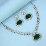 Glorious Silver Tone American Diamond Emerald Necklace Set - K Supreme