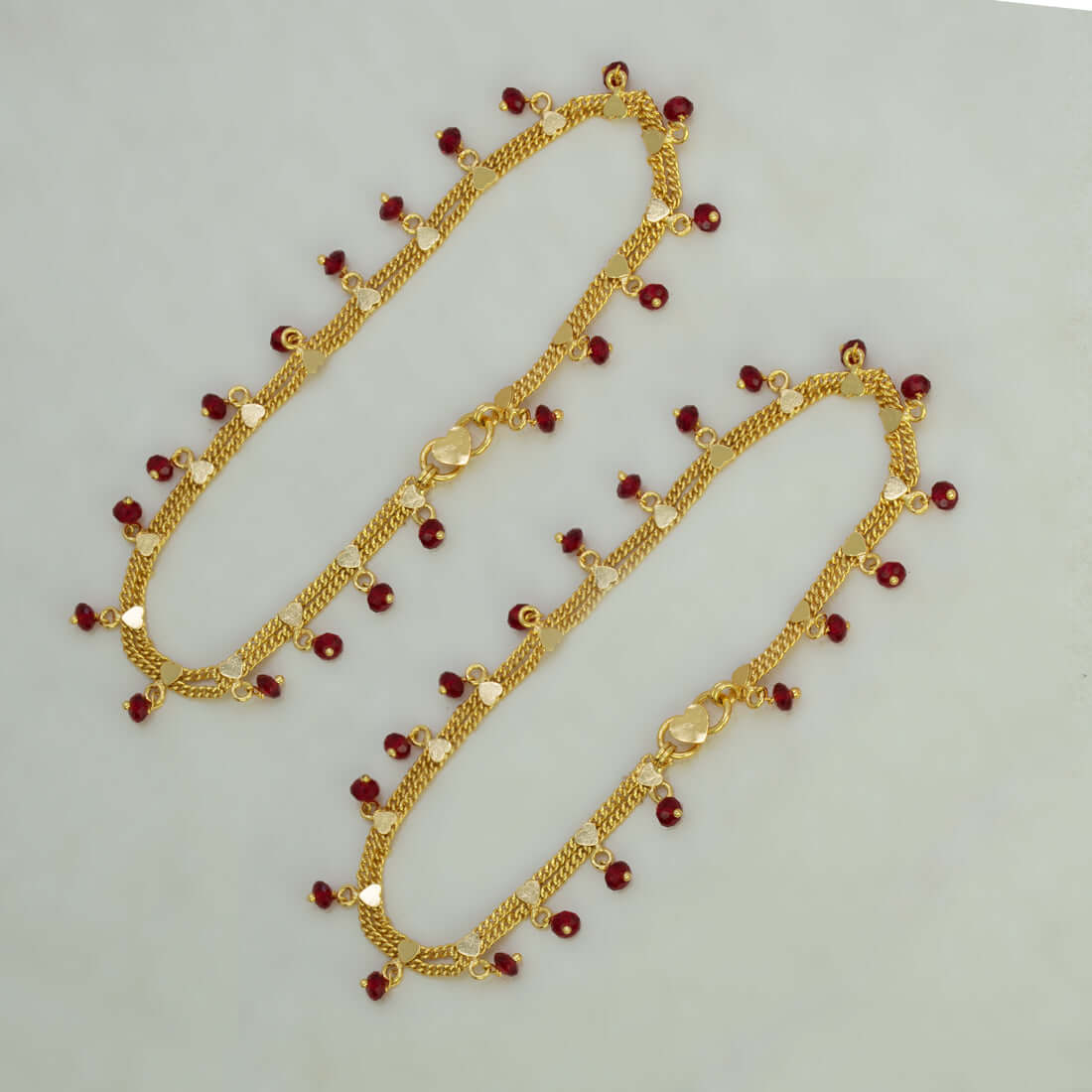 Gold Plated Double Curb Link Red Crystal Anklets - K Supreme