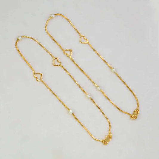 Gold Plated Dual - Tone Bead Heart Box Chain Anklets - K Supreme