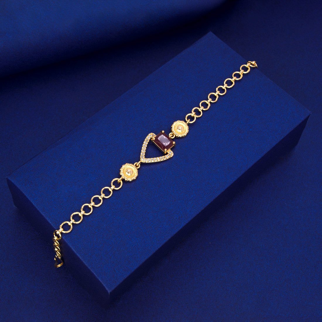 Gold Plated Floral Square Red Stone CZ Bracelet - KSupreme