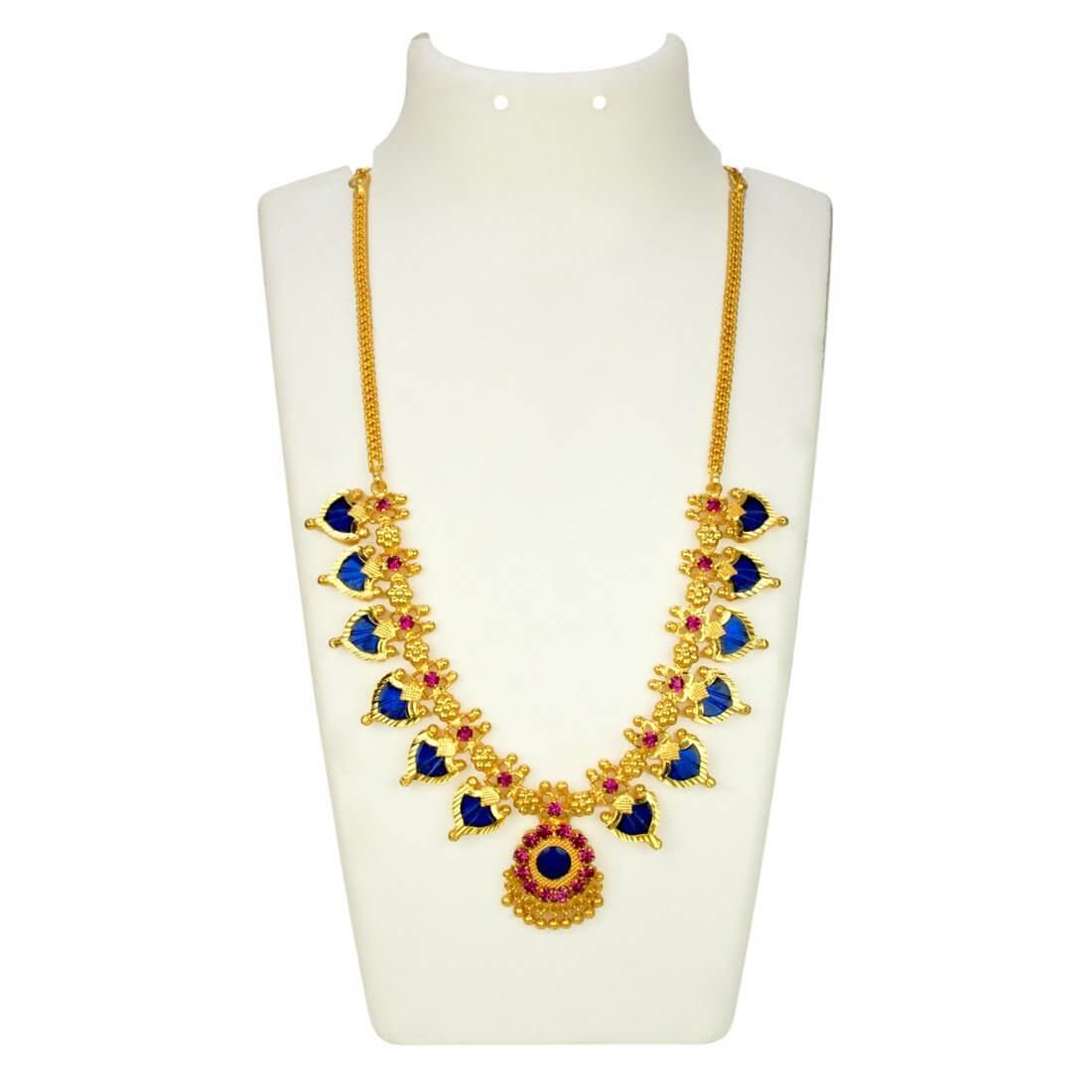 Gold Plated Ruby Stone Blue Palakka Necklace displayed on a bust with intricate design and pendant details.