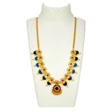Gold Plated Ruby Stone Blue Palakka Necklace displayed on a bust with intricate design and pendant details.