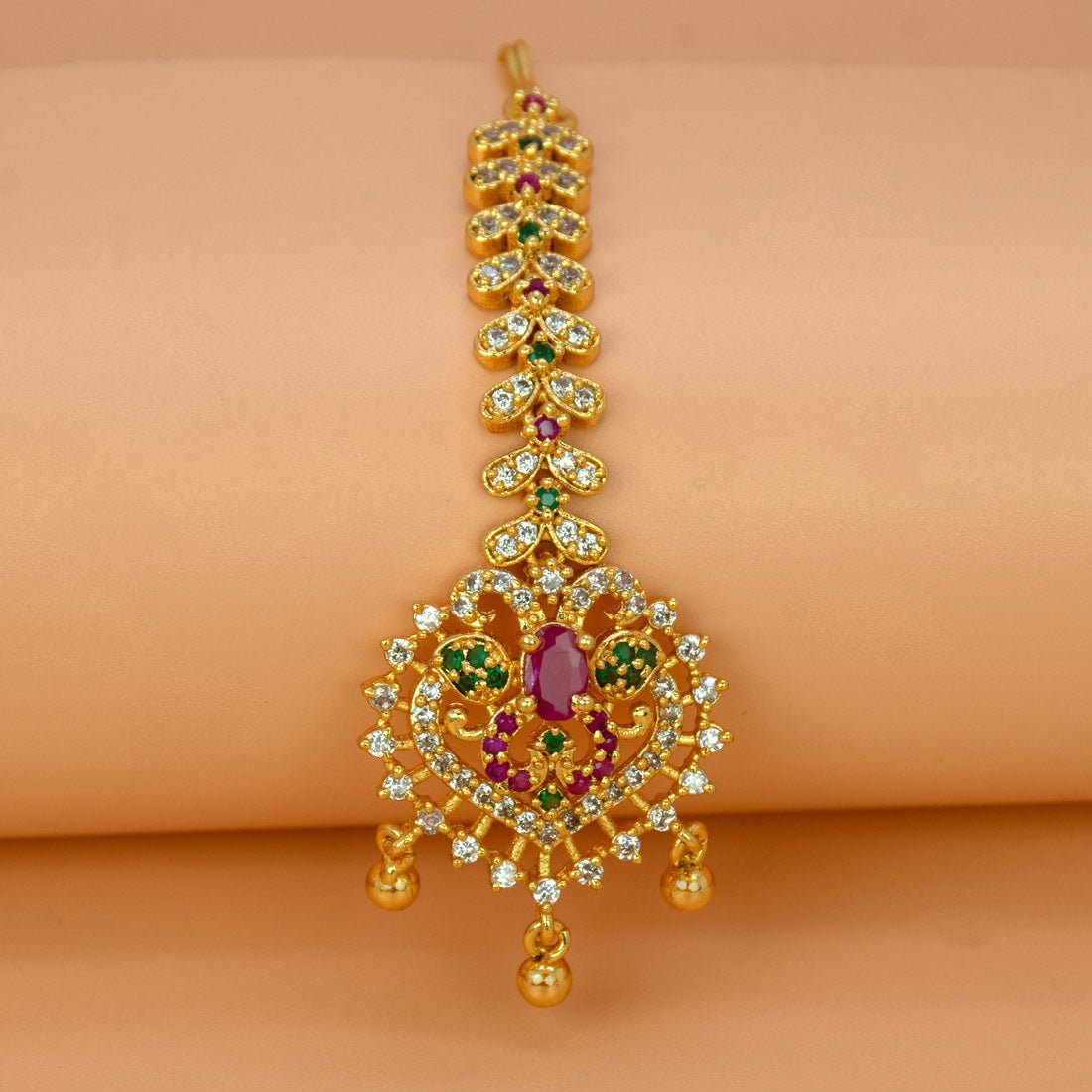 Gold Plated Sparkling Ruby Emerald CZ Maang Tikka - K Supreme