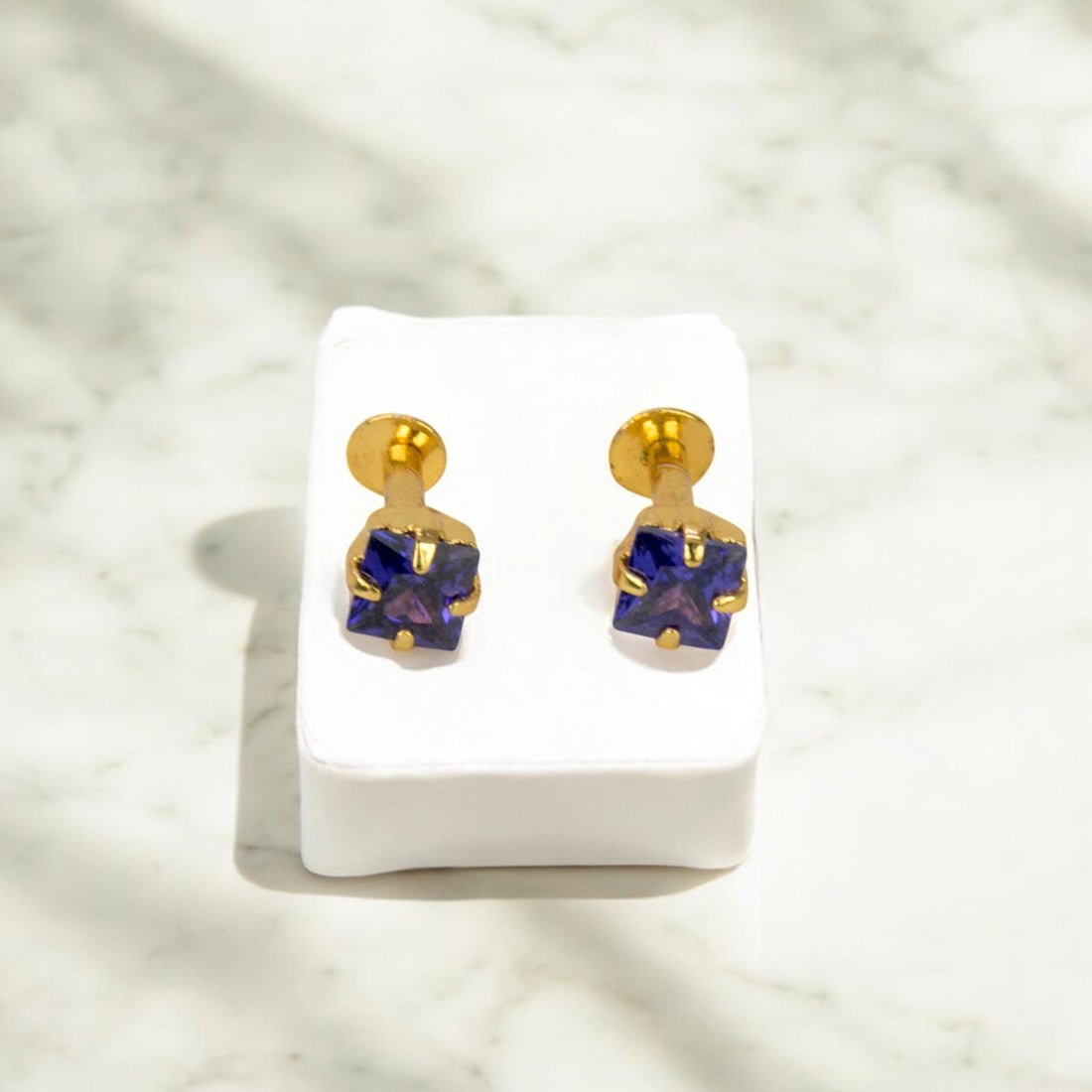 Gold Plated Square Blue CZ Stone Ear Stud | Second Stud | Nose Stud - KSupreme