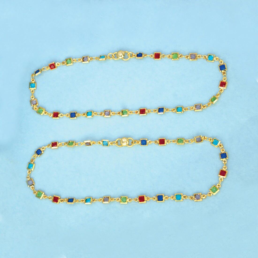 Gold Plated Square-Cut Multi-colour Stone Anklets showcasing vibrant stones in red, green, blue, turquoise, and lavender.
