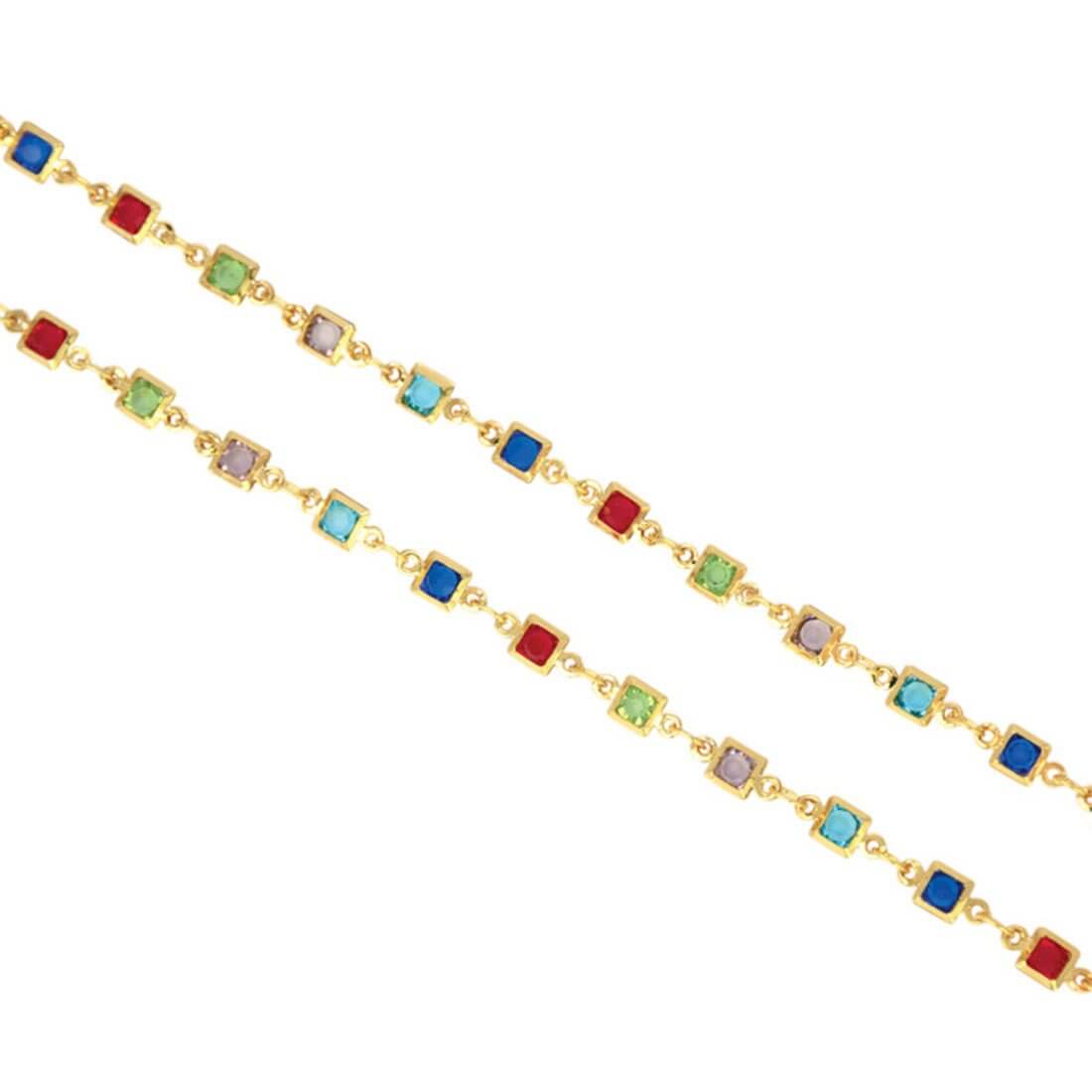 Gold Plated Square-Cut Multi-colour Stone Anklets featuring vibrant red, green, blue, turquoise, and lavender stones.
