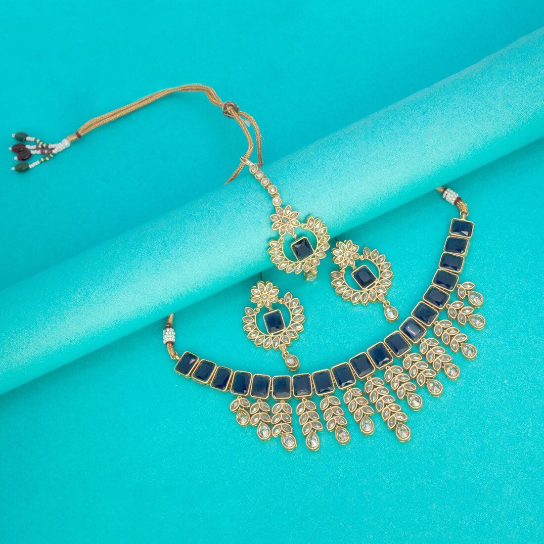 Gold Plated Stylish Square Cut Stone Necklace Set - K Supreme
