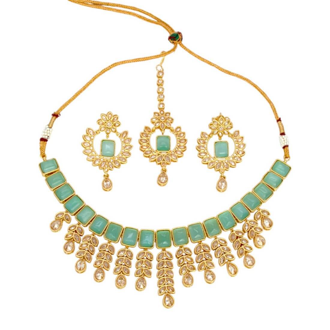 Gold Plated Stylish Square Cut Stone Necklace Set - K Supreme