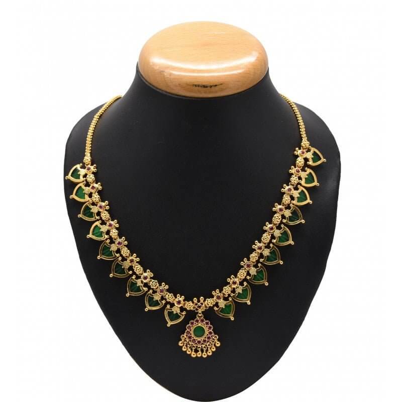 Gold Plated Traditional Indian Palakka Necklace - 9 Stones - K Supreme