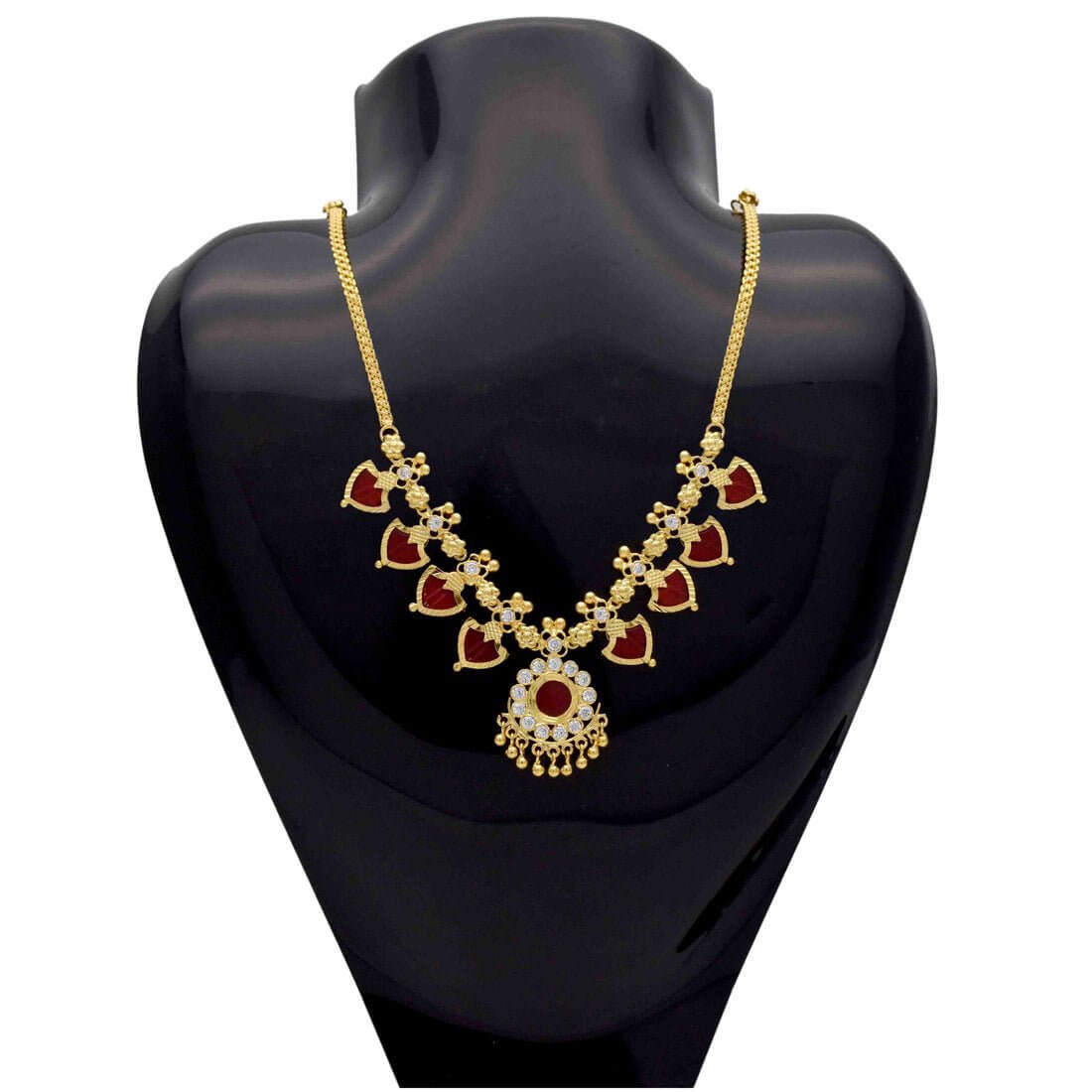 Gold Plated Traditional Palakka Necklace - 4 Stone - Red