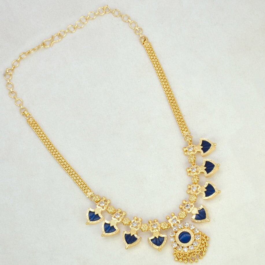 Gold Plated Traditional Palakka Necklace - 4 Stone - Blue