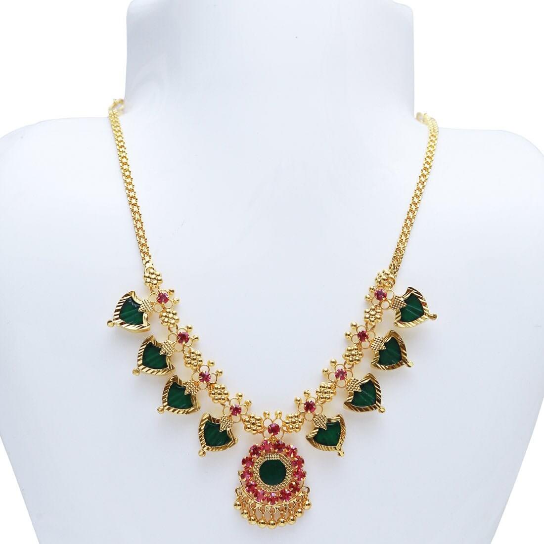 Gold Plated Traditional Palakka Necklace- 4 Stone - Green