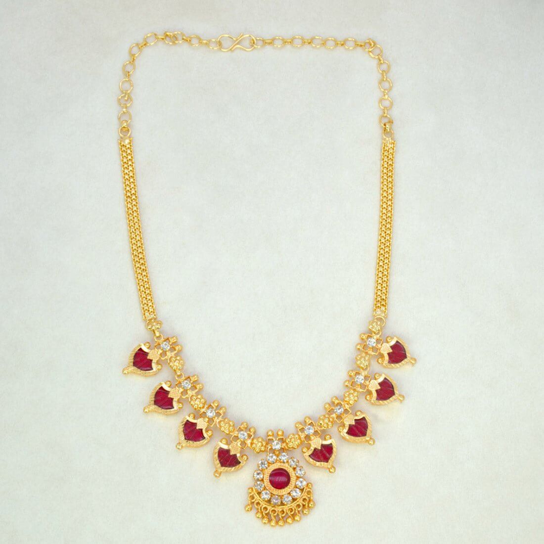 Gold Plated Traditional Palakka Necklace - 4 Stone - Red