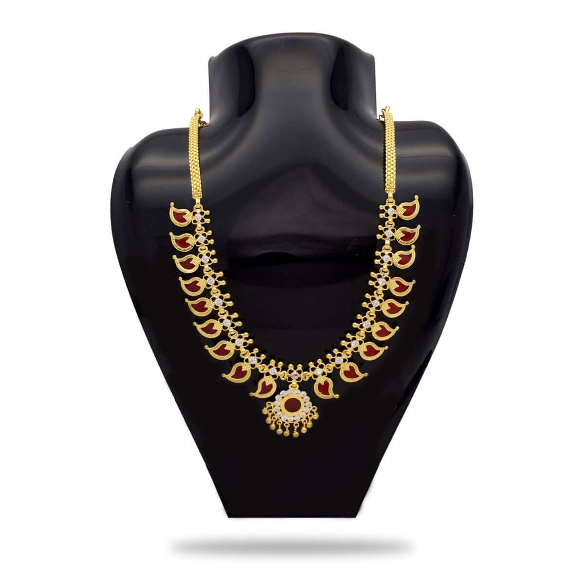 Kerala Traditional Gold Plated Red Mango Necklace - 9 Stones - K Supreme