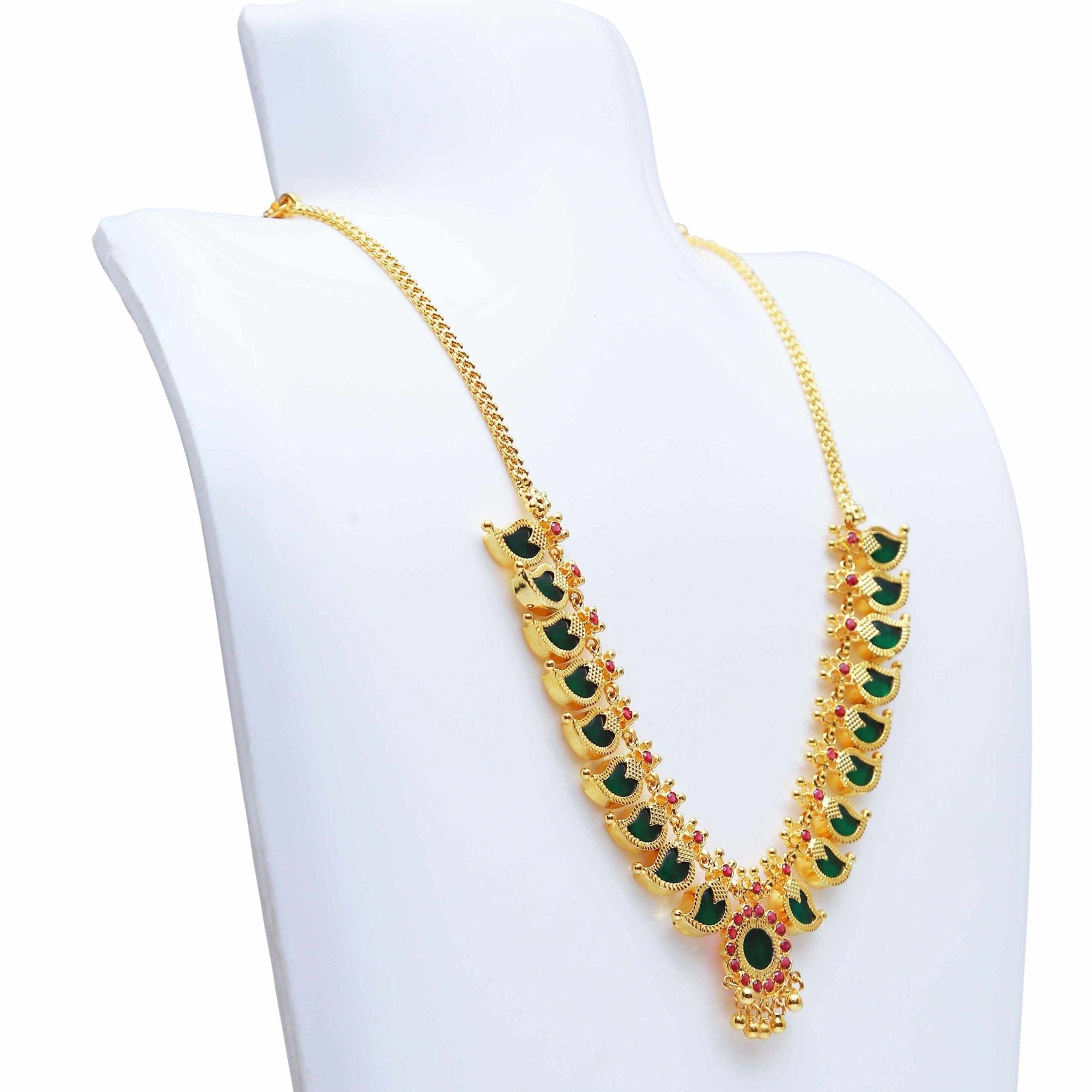 Kerala Traditional Gold Plated Green Mango Necklace - 9 Stones - K Supreme