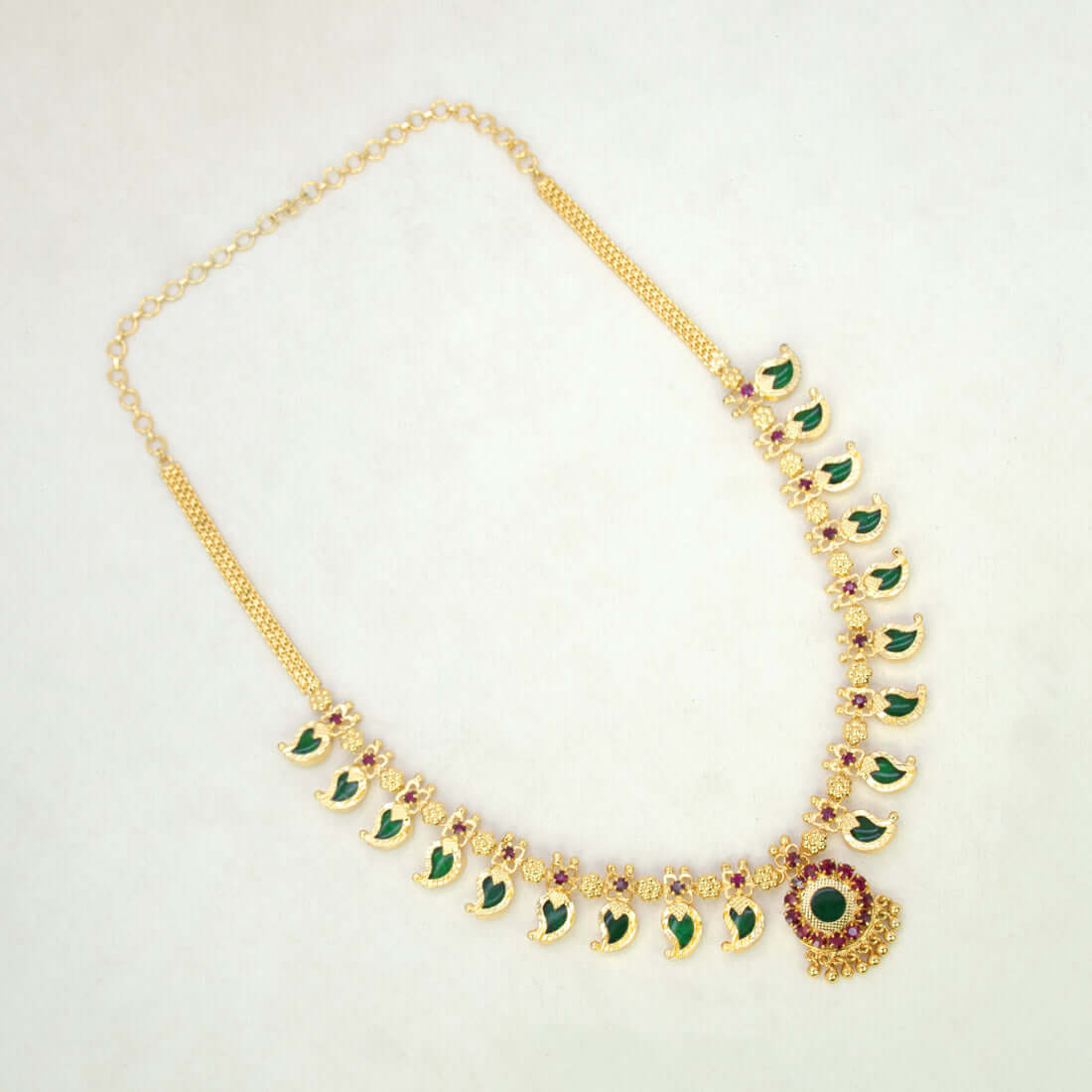 Kerala Traditional Gold Plated Green Mango Necklace - 9 Stones - K Supreme