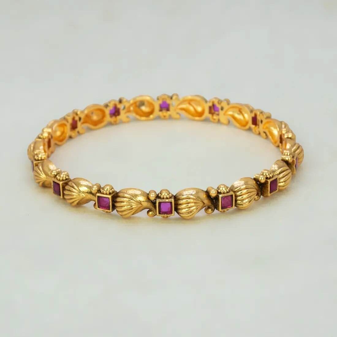 K Supreme Antique Paisley Design Square Kemp Stone Bangle with alternating paisley motifs and square kemp stones. Traditional Indian jewellery.