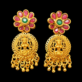 Matte Gold Plated Ruby Emerald Floral Lakshmi Drop Earrings with floral design and intricate detailing.