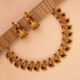 Matte Gold Plated Ruby Stone Peacock Necklace With Jhumka - K Supreme