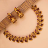 Matte Gold Plated Ruby Stone Peacock Necklace With Jhumka - K Supreme