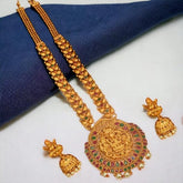 Matte Ruby Emerald Chettinad Lakshmi Long Necklace Set - K Supreme