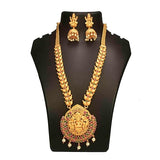 Matte Ruby Emerald Chettinad Lakshmi Long Necklace Set - K Supreme
