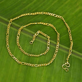 One Gram Gold Trendy Thin Figaro Unisex Sachin Chain showcased on a green leaf background.