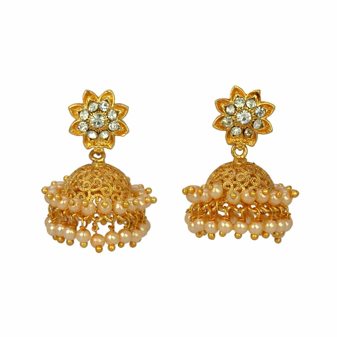 Pearls Hanging Gold Plated White Stone Floral Jhumka - KSupreme