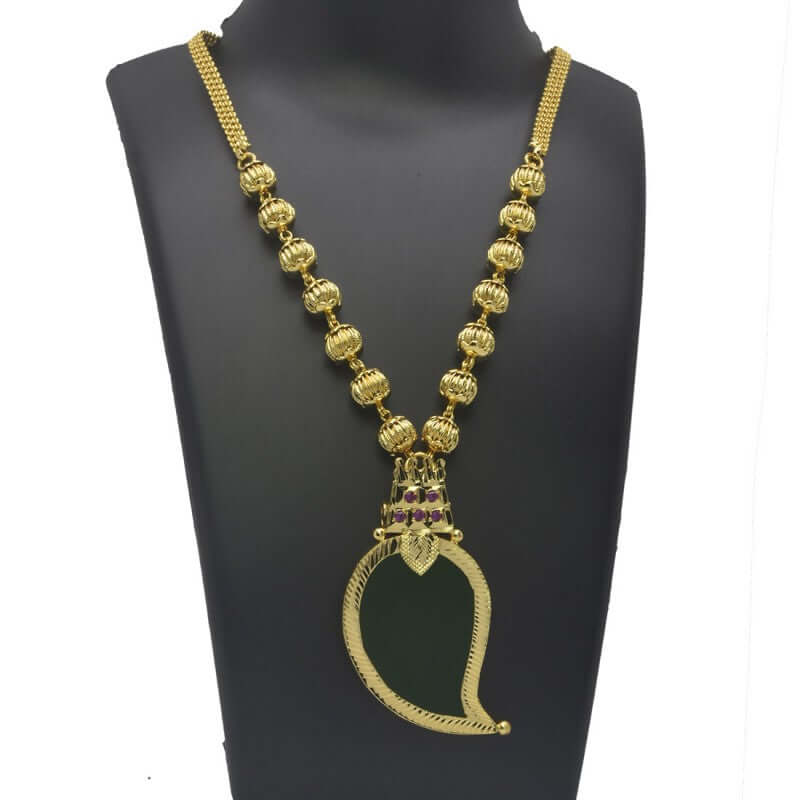 Premium Gold Plated Ball Chain Mango Pendant Necklace featuring a big mango-shaped pendant with stones.