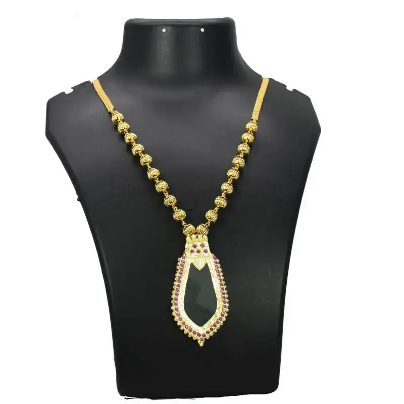 Premium Gold Plated Ball Necklace With Nagapadam Pendant showcasing elegant design and intricate ruby adornments.