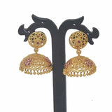 Premium Gold Plated Traditional Ruby Stones Jhumka Earrings with floral design and ruby accents.
