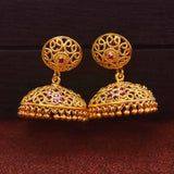 Premium Gold Plated Traditional Ruby Stones Jhumka Earrings with intricate filigree and ruby accents.