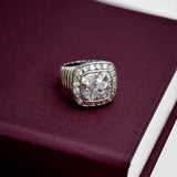 Premium Silver Plated Gent's CZ Stone Finger Ring displayed on a burgundy background.