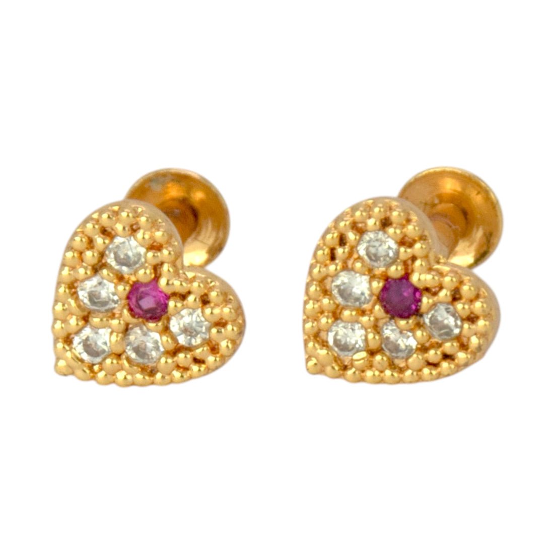 Pretty Small Gold Plated Ruby CZ Stone Heart Studs - KSupreme