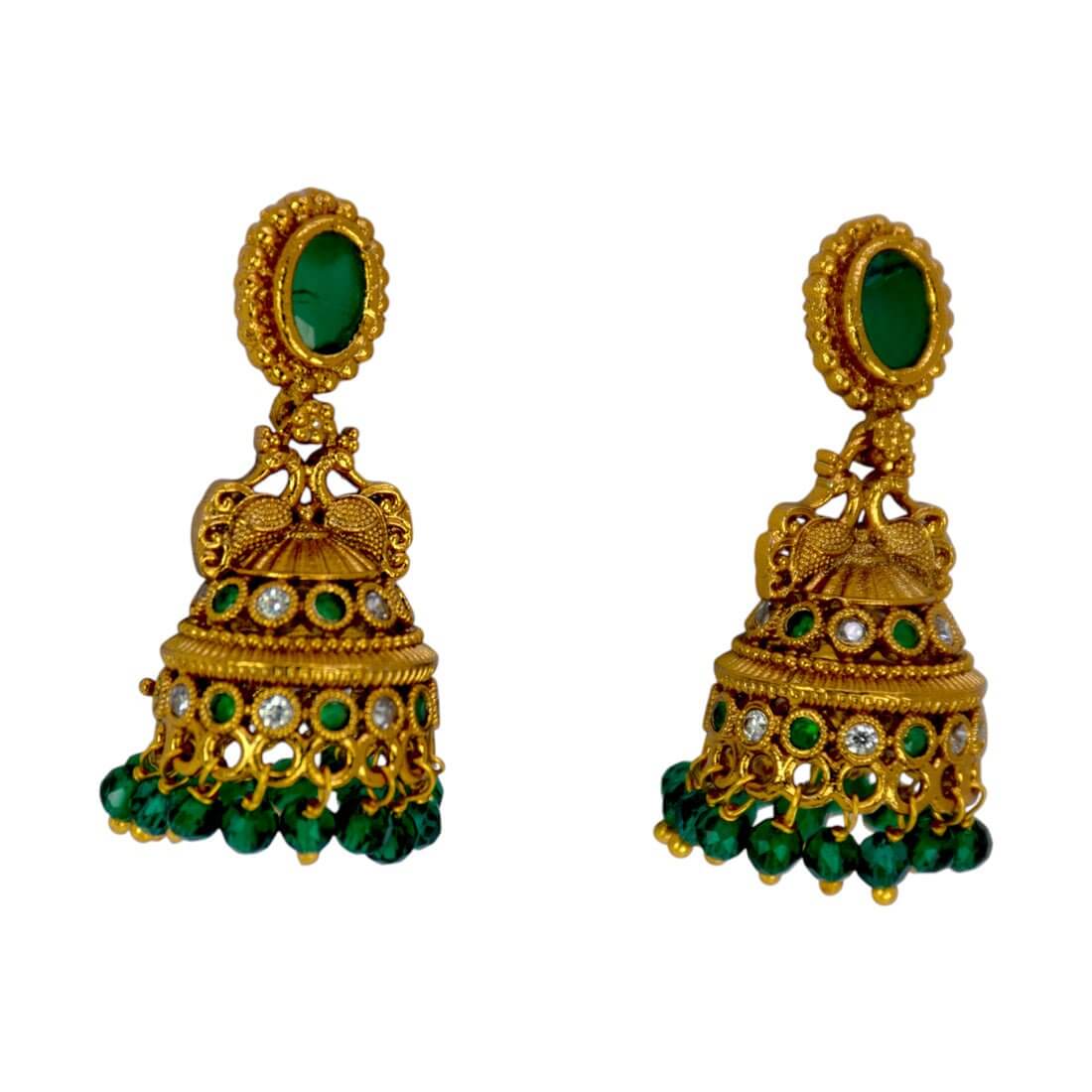 Small Antique Gold Plated Stone Jhumka For Girls designed with twin peacock detail and dangling green beads.