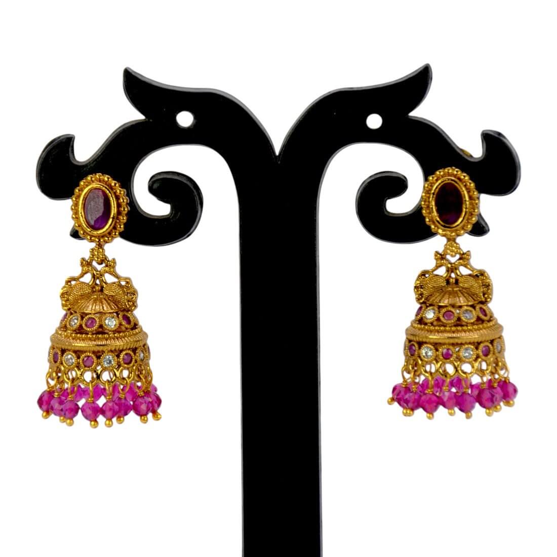 Small Antique Gold Plated Stone Jhumka For Girls with pink beads and intricate detailing.
