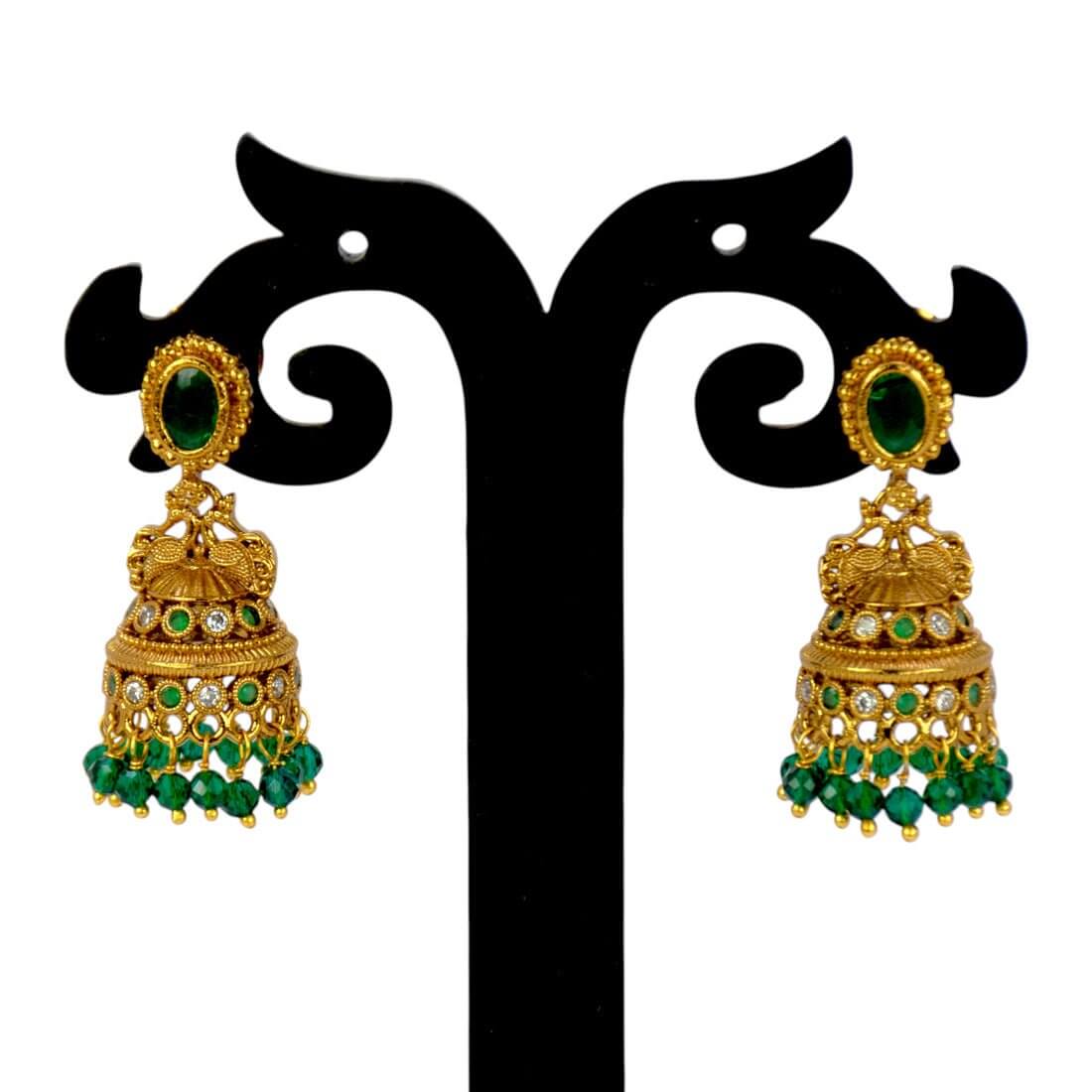 Small Antique Gold Plated Stone Jhumka For Girls featuring intricate design, dangling beads, and peacock motifs.