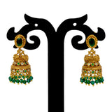 Small Antique Gold Plated Stone Jhumka For Girls featuring intricate design, dangling beads, and peacock motifs.