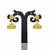 South Indian Gold Plated Umbrella Jumka Earrings displayed on stand with intricate golden design.