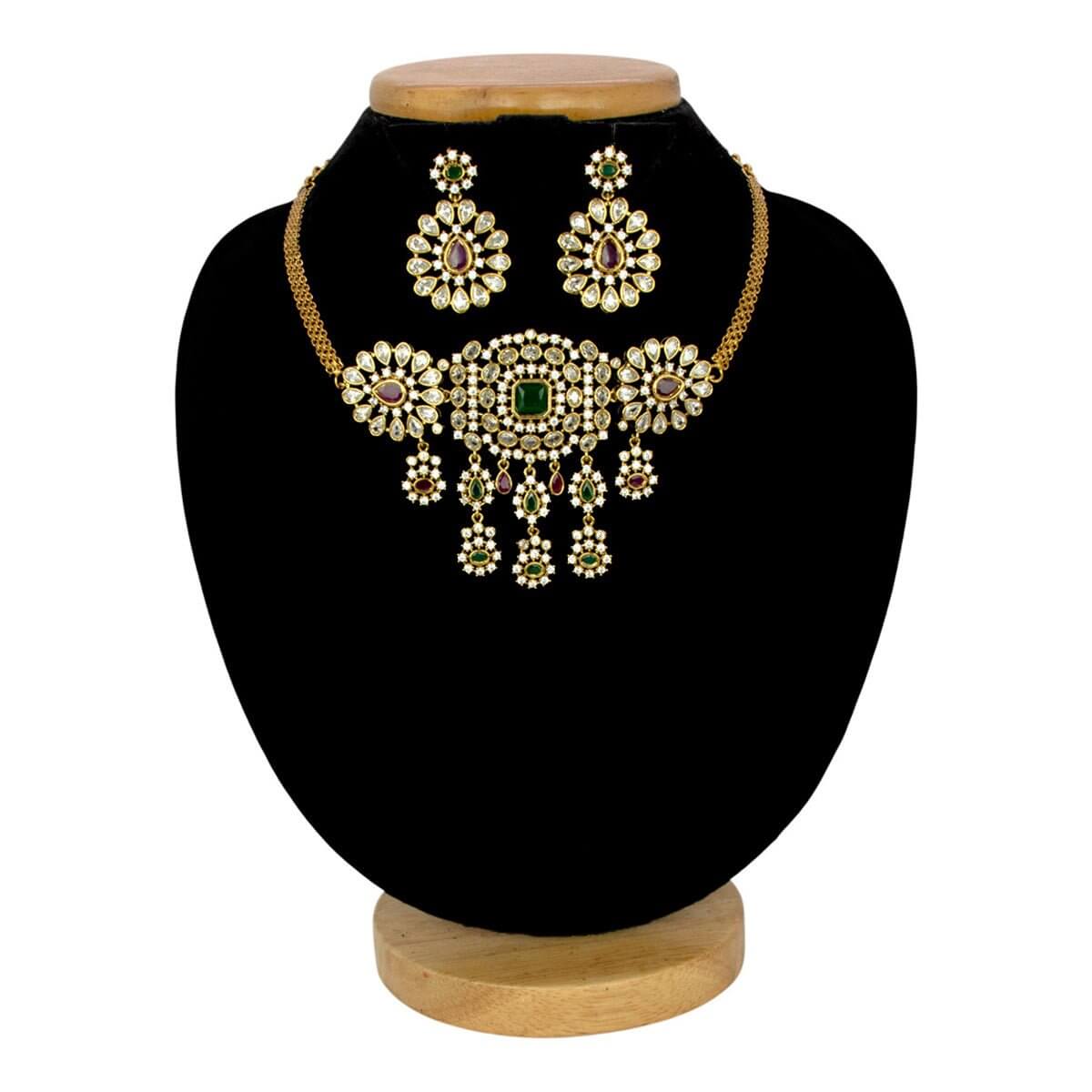 Sparkling Antique Gold Plated CZ Stone Floral Choker Set - KSupreme