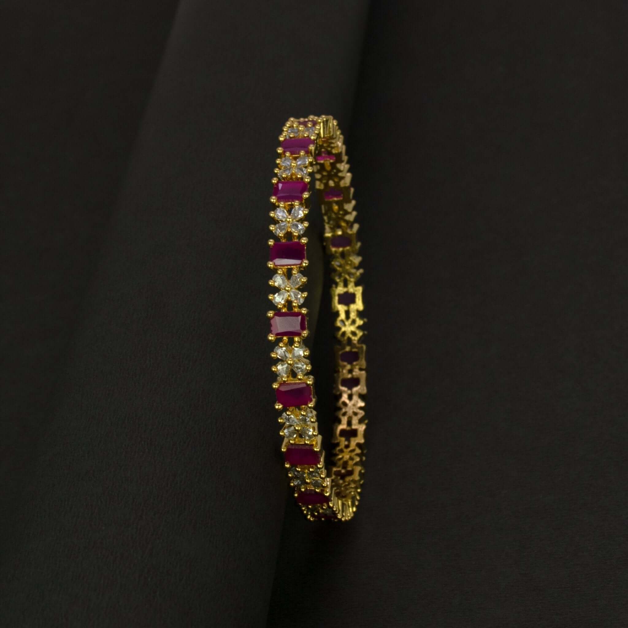 Sparkling Gold Plated Floral CZ Ruby Bangle - K Supreme