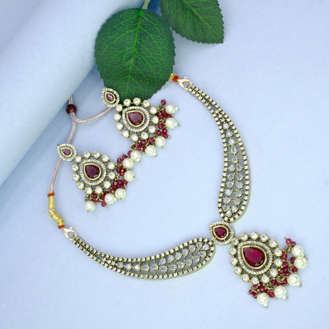 Stunning Wine Red Stone American Diamond Necklace Set - K Supreme
