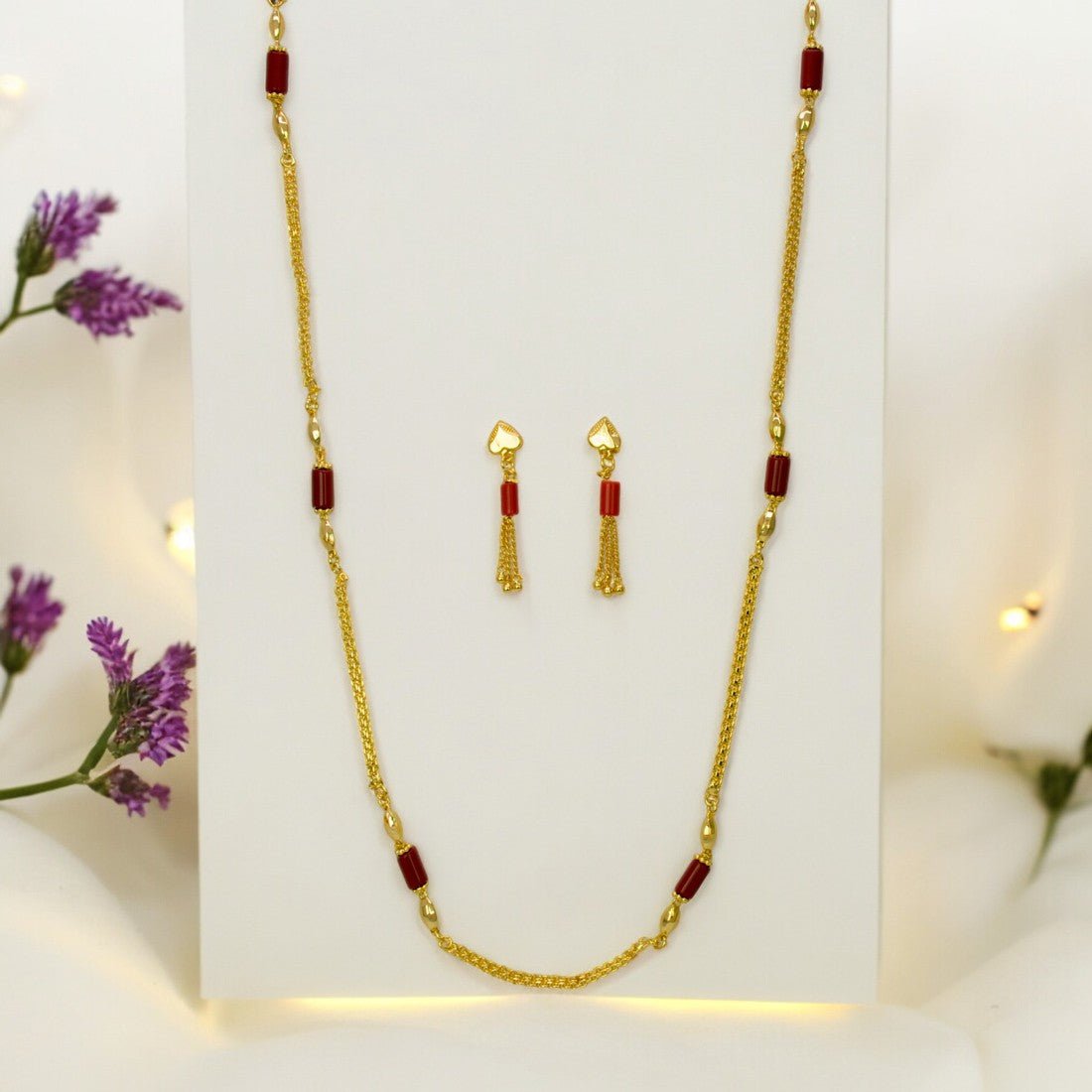 Stylish Gold Plated Cylinder Coral Beads Chain Set - K Supreme